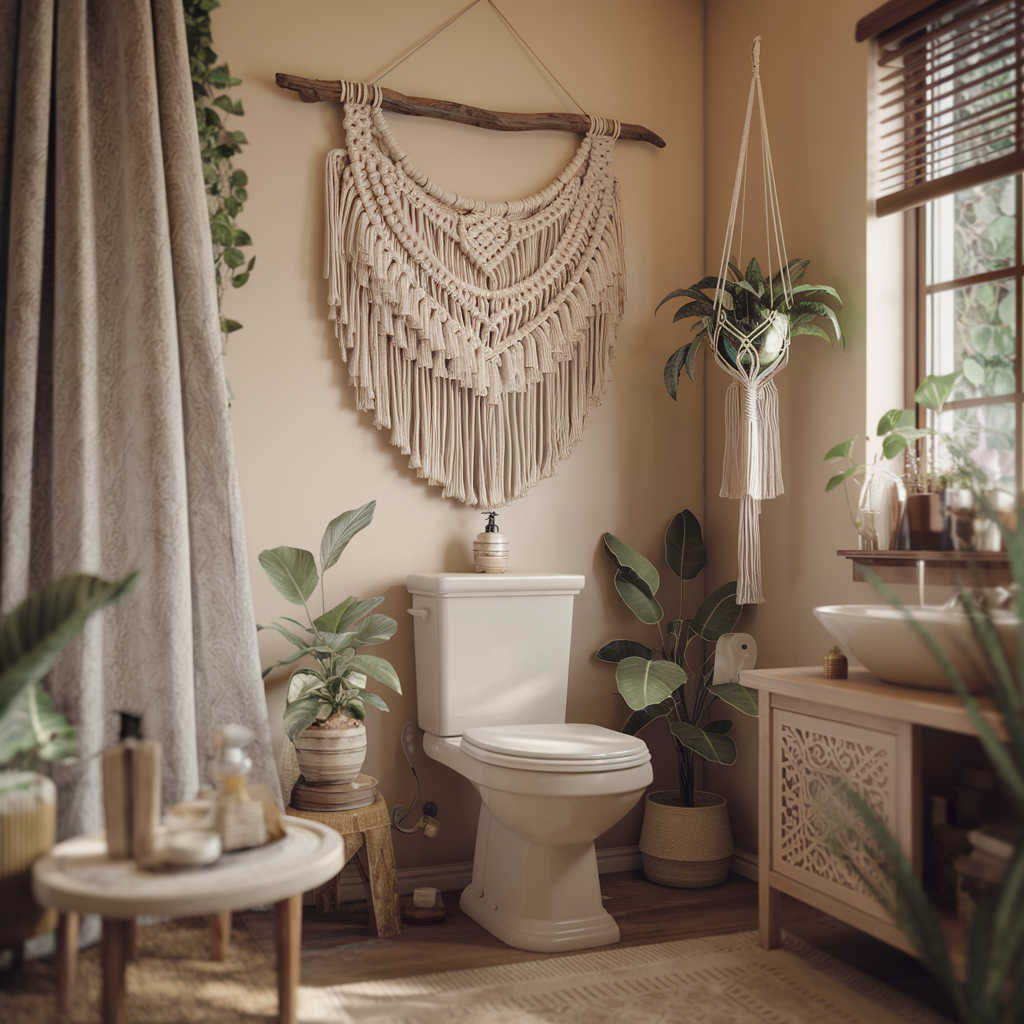 Cozy boho bathroom with macramé wall hanging, plant holder, and neutral tones, enhanced by soft natural lighting for a warm ambiance.