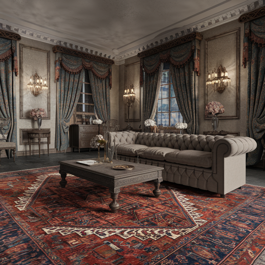 A vintage living room featuring a Persian rug with intricate patterns and slightly worn textures, positioned under a plush tufted sofa and an antique coffee table. The rich colors of the rug and curtains add warmth to the space, which is filled with elegant lighting, ornate furniture, and tasteful accessories, creating a sophisticated atmosphere that exudes history and charm.