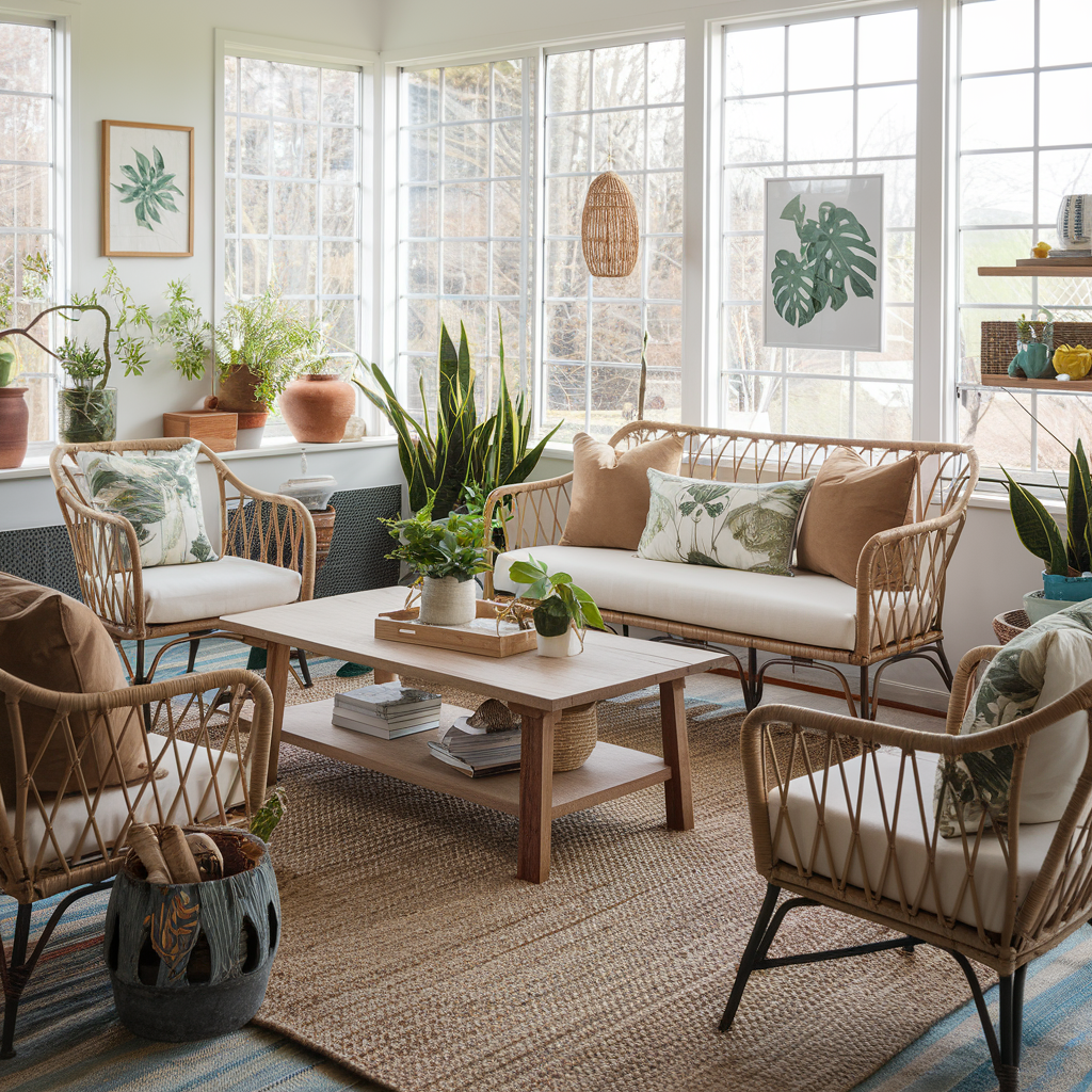 A cozy sunroom featuring wicker and rattan furniture, a jute rug, and natural wood accents, with large windows and potted plants for an outdoor-inspired vibe.