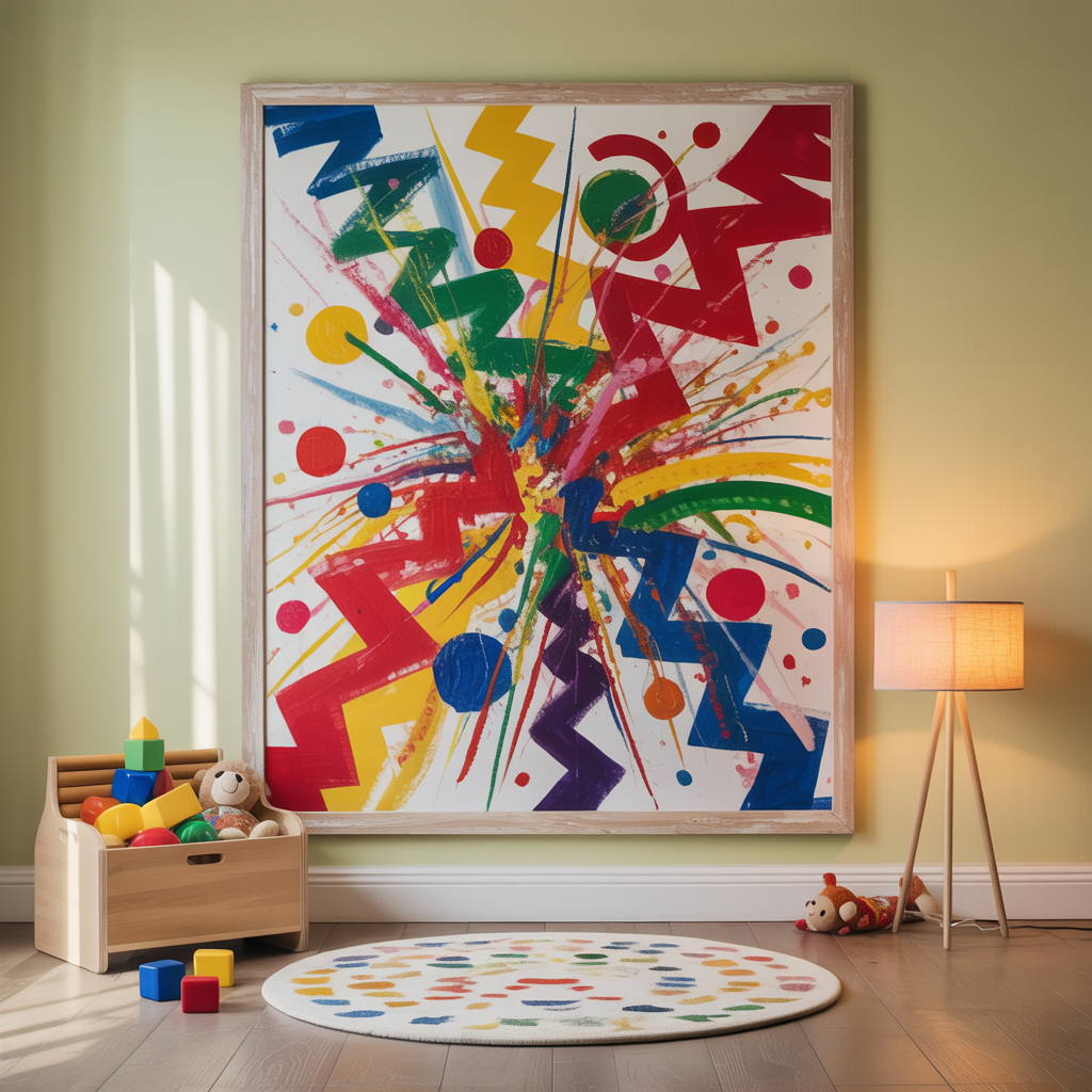 Vibrant kids’ room with bold colorful abstract art wall art featuring zigzags and circles, natural wood furniture, playful textiles, and soft moody lighting.