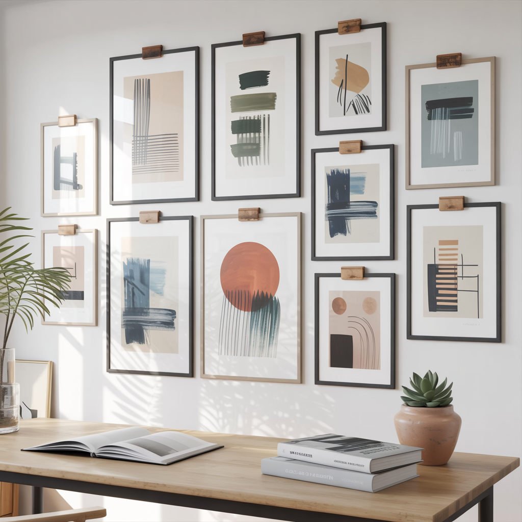DIY-inspired abstract art wall art prints in casual frames and clips, neutral furniture, plants, and personal decor for a relaxed.