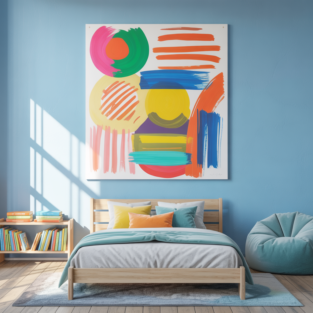 Kids’ room with colorful, patterned abstract art wall art featuring playful shapes and vibrant tones on light walls, modern wooden furniture, soft rugs, and toys.