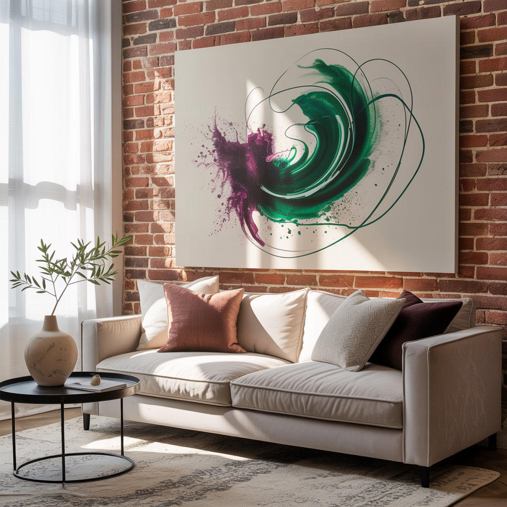 Living room with exposed brick wall showcasing bold contemporary abstract art wall art with organic shapes, neutral sofa, textured pillows, plants, and soft lighting.