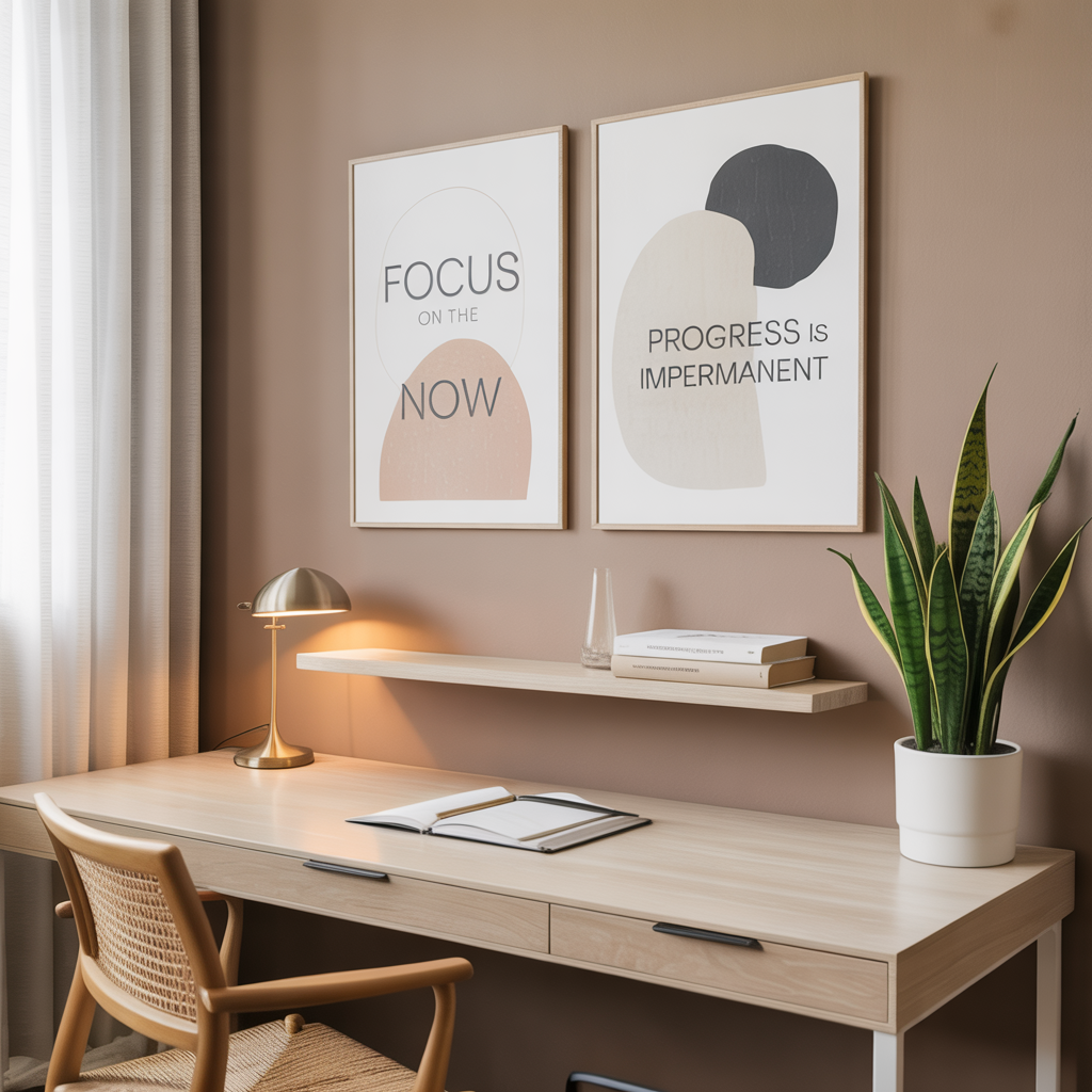 Minimalistic Art Wall with two motivational quote prints in beige, charcoal, and sage above a clean desk in a beige-walled home office with a lamp, plant, and floating shelf.