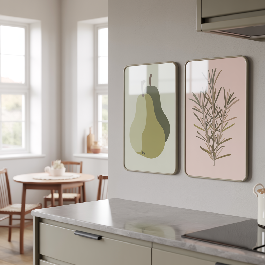 Minimalistic Art Wall with abstract food-themed canvas prints above a neutral kitchen counter, featuring soft natural light, clean cabinetry, and a clutter-free modern space.