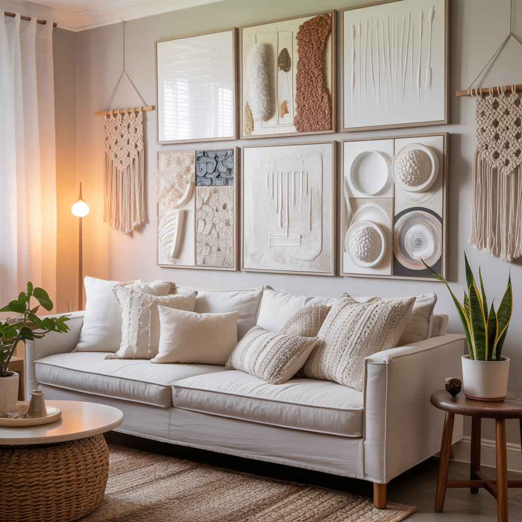 Boho-style living room with a gallery wall of textured abstract art wall art in whites, taupes, grays, and beige above a rattan sofa, earthy accents, and plants.