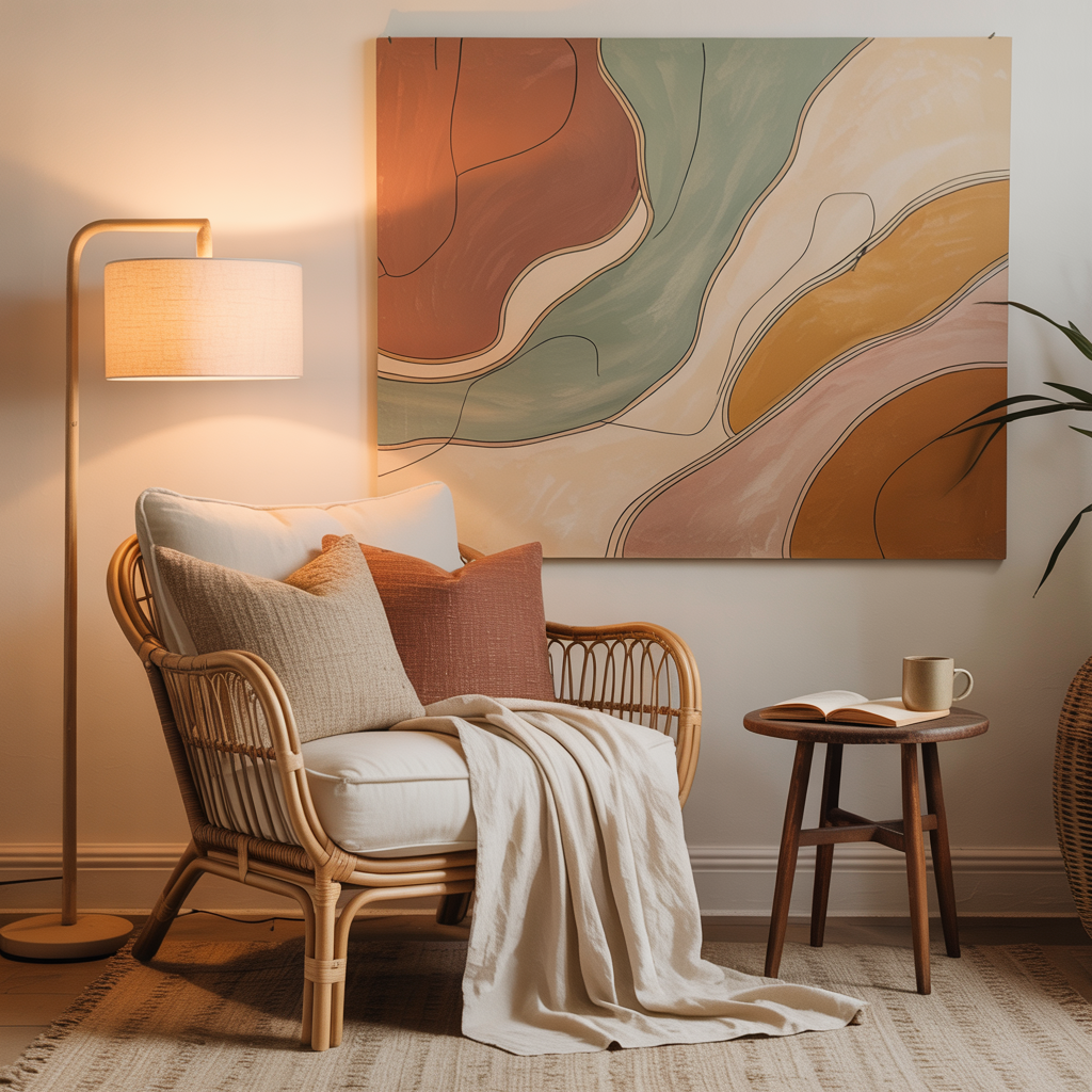 Cozy reading corner with earthy-toned abstract art wall art featuring organic shapes above a rattan armchair, linen throw, textured pillows, soft rug, side table.