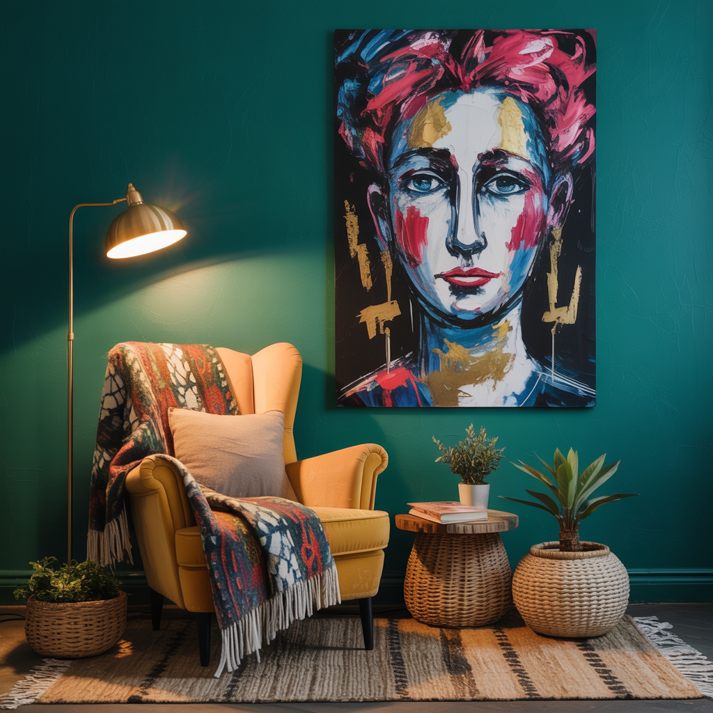 Eclectic reading nook with rich emerald walls, bold abstract portrait wall art, armchair, layered textiles, sculptural lighting, wood accents, and plants.