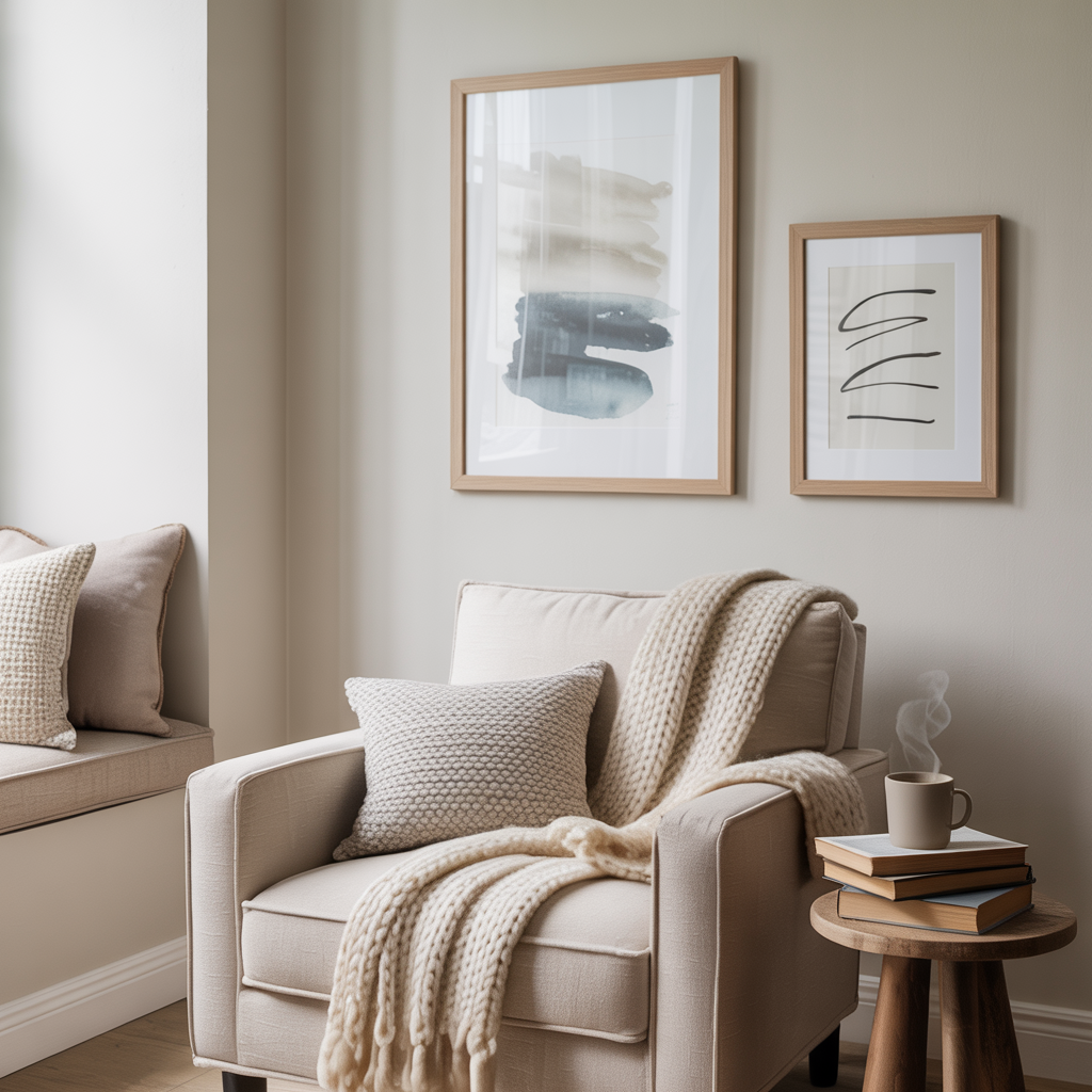 Minimalistic Art Wall abstract prints above a cozy reading nook with textured cushions and warm lighting.