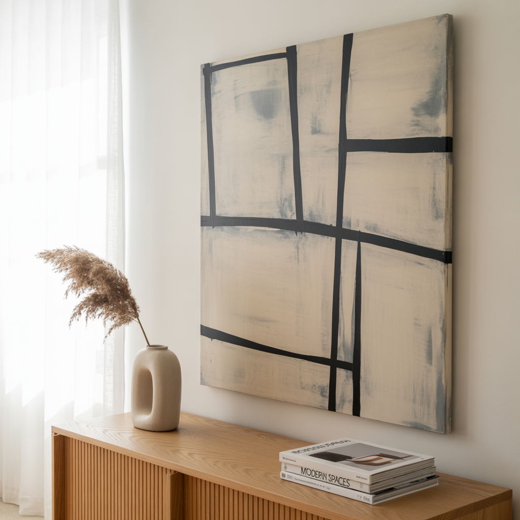 Minimalistic Art Wall featuring a large neutral-toned abstract canvas with soft brushstrokes above a modern console.