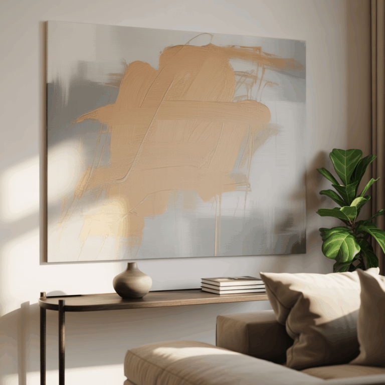 Minimalistic art wall with tan and soft gray canvas art above a console table, beige sofa, a plant, and minimal decor.