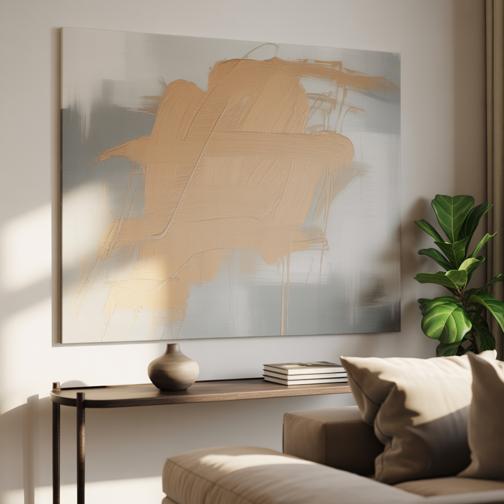 Minimalistic art wall with tan and soft gray canvas art above a console table, beige sofa, a plant, and minimal decor.