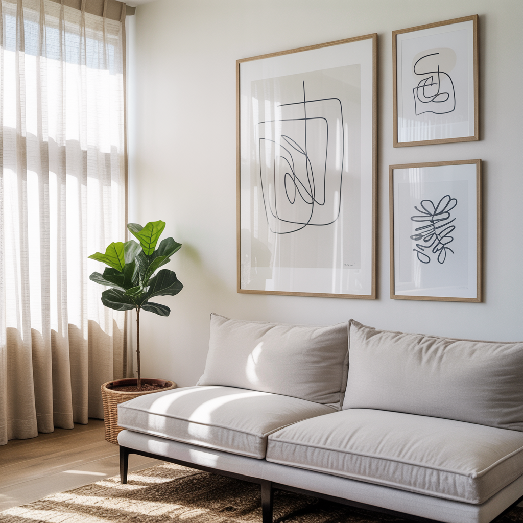 Minimalistic Art Wall with framed abstract line art, white walls, neutral furniture, curtains, and a small plant.