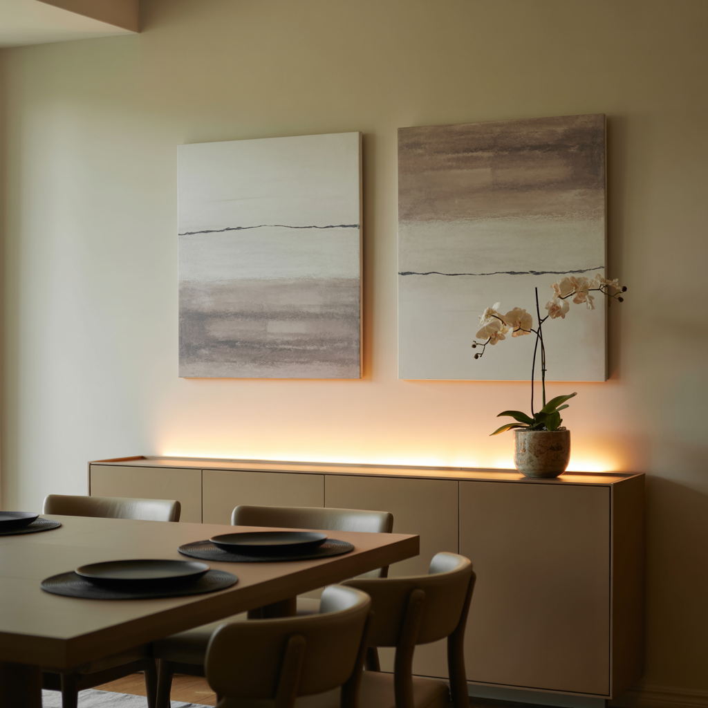 Minimalistic Art Wall with modern abstract pieces in soft grays and taupes in a dining room.