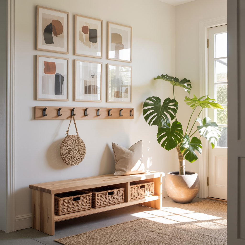 Minimalistic Art Wall,  a bench, wall hooks, a pillow, and a plant in an entryway.