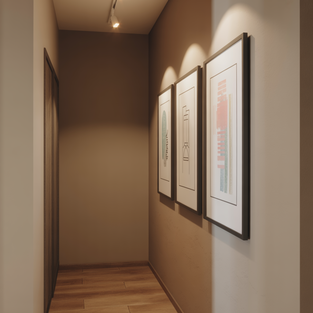 Minimalistic Art Wall featuring abstract prints with picture lights and wood flooring in a hallway.