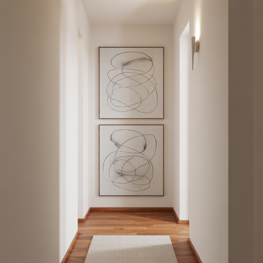 Minimalistic Art Wall with 2 neutral-toned abstract pieces arranged evenly on white hallway walls.