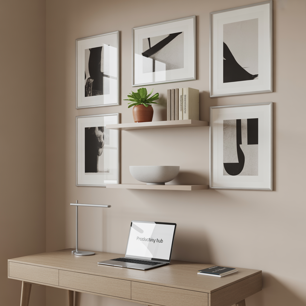 Minimalistic Art Wall with black-and-white abstract prints and floating shelves above a sleek desk in a calm, neutral home office.