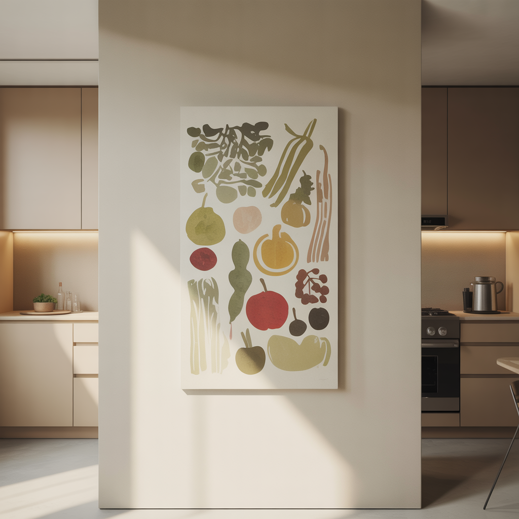 Minimalistic Art Wall with abstract food-themed canvas print featuring natural light,  and a clutter-free kitchen.