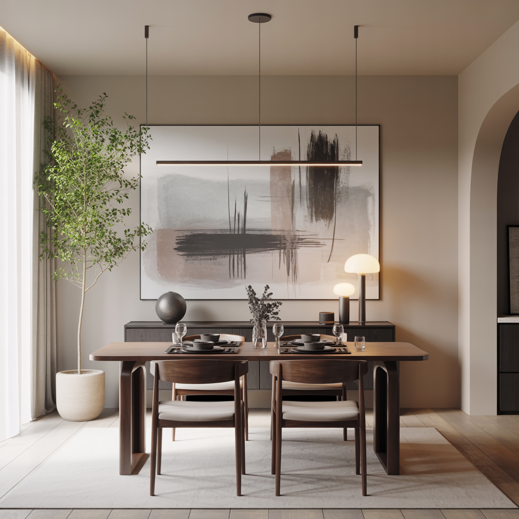 Minimalistic Art Wall with a modern abstract piece, table, chairs, a plant, and decor accents in the dining room.
