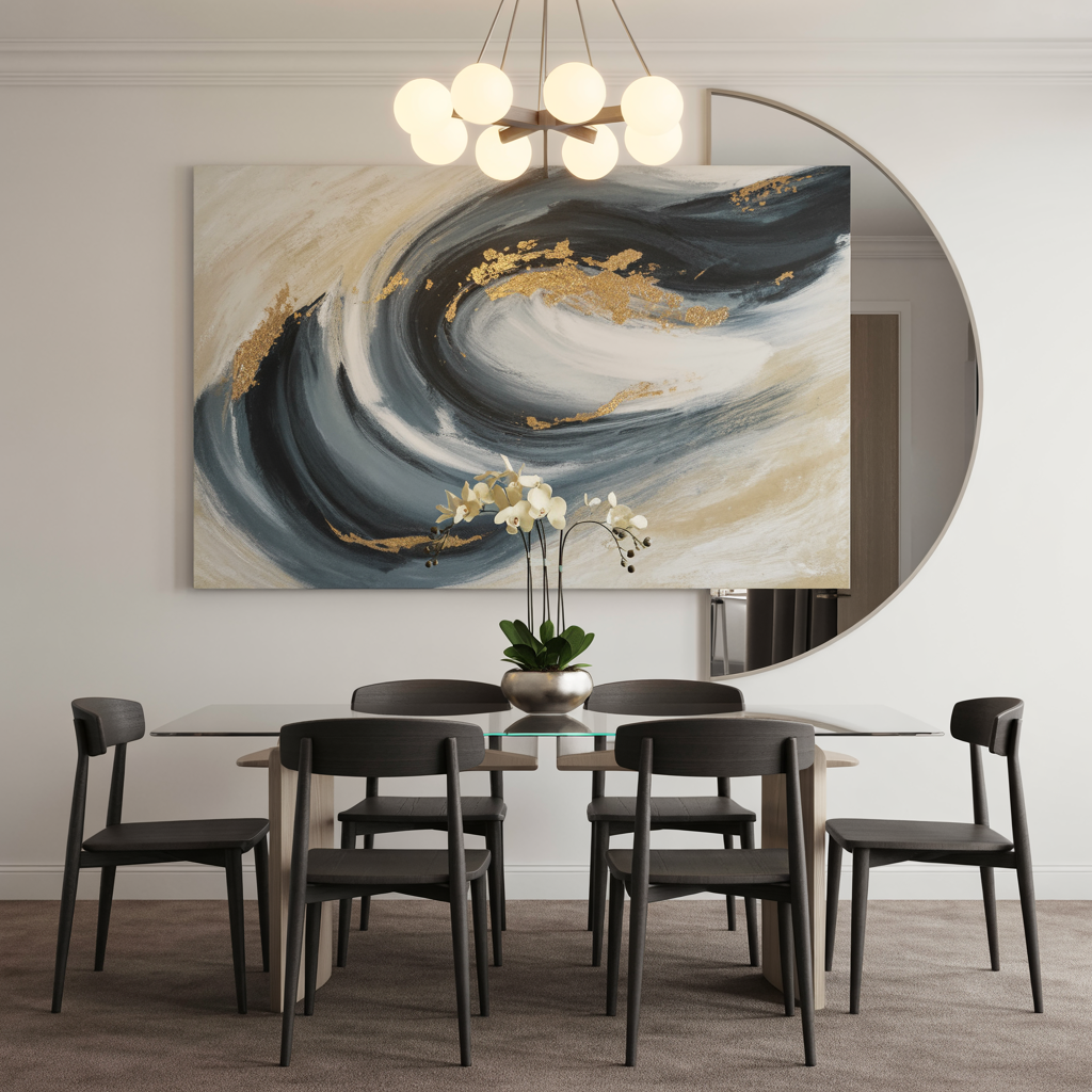 Modern dining room with abstract art wall art featuring gold and silver metallic accents above a glass-top table, elegant chairs, metal lighting fixtures, and a mirror.