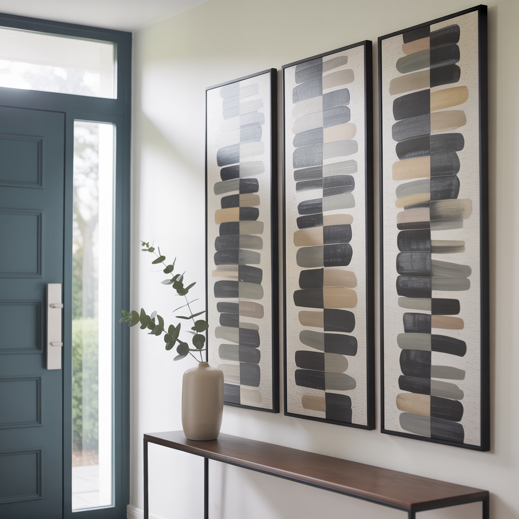 Minimalistic Art Wall with abstract prints near a front door, featuring clean lines, a small plant, and a bright, uncluttered entryway space.