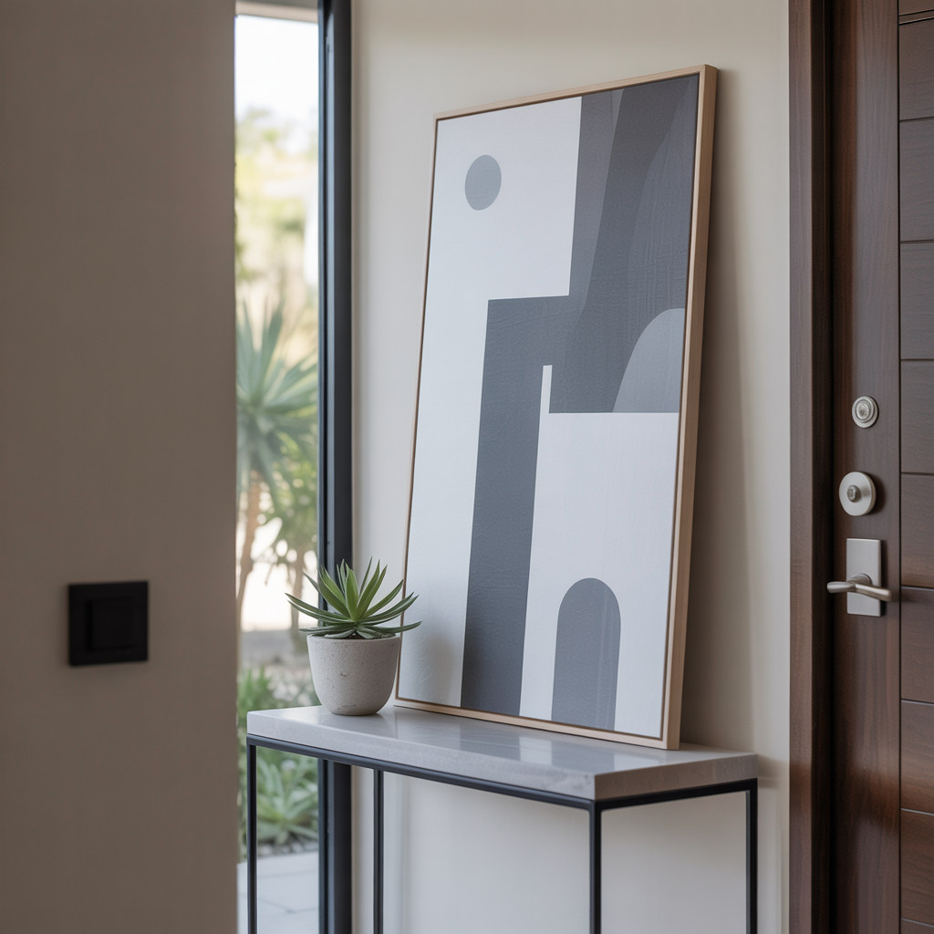 Minimalistic Art Wall, console table, a small plant, in a bright, uncluttered entryway space