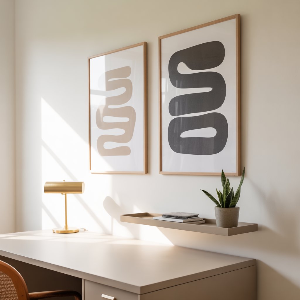 Minimalistic Art Wall with one or two soft-toned abstract prints above a clean desk in a warm white home office, featuring a small lamp, potted plant, floating shelf, and natural light.