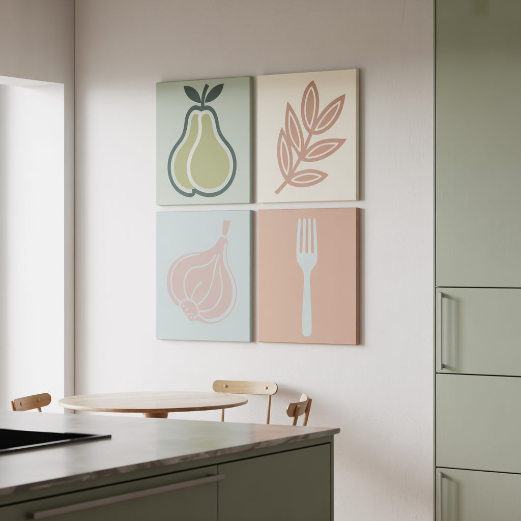 Minimalistic Art Wall with abstract food-themed canvas prints featuring natural light,  and a clutter-free kitchen.