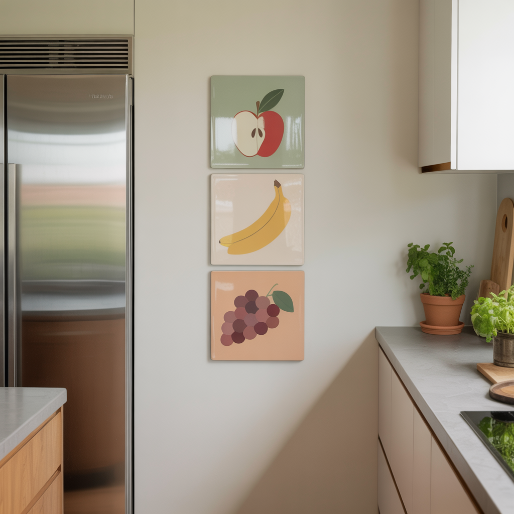 Minimalistic Art Wall with abstract food-themed canvas prints featuring natural light,  and a clutter-free kitchen.