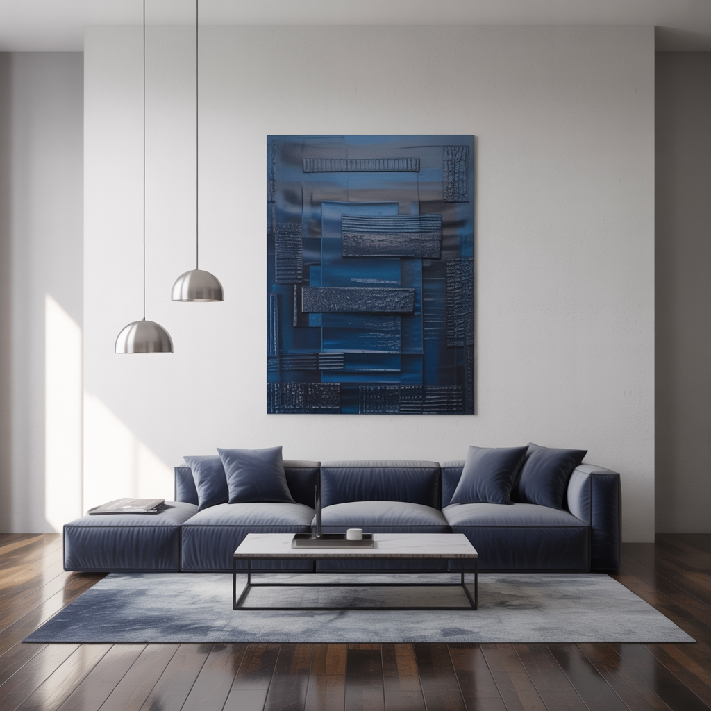 Sleek modern living room with large navy monochromatic abstract art wall art, metal furniture, gray sofa, dark hardwood floors, and soft natural light.