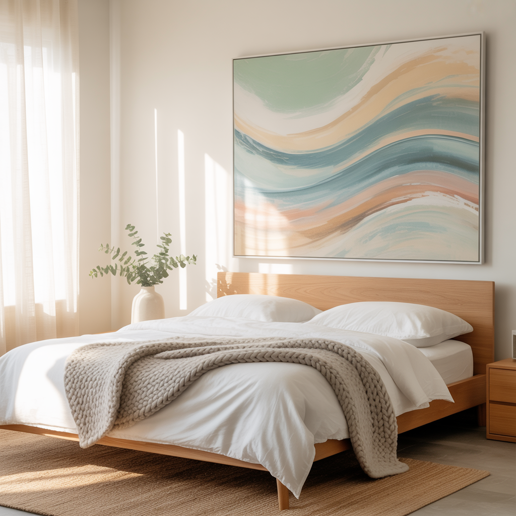 Modern minimalist bedroom with natural light, large pastel abstract art wall art above a wooden bed, white bedding, gray throw, jute rug, and eucalyptus vase.