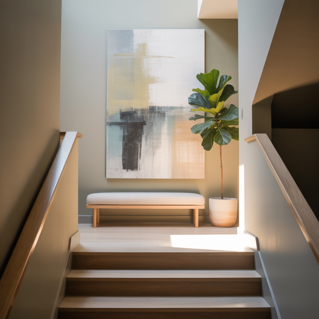 Minimalistic Art Wall with a large abstract canvas at a stair landing, accompanied by a tall potted plant and modern bench, set against neutral walls and light wood stairs.