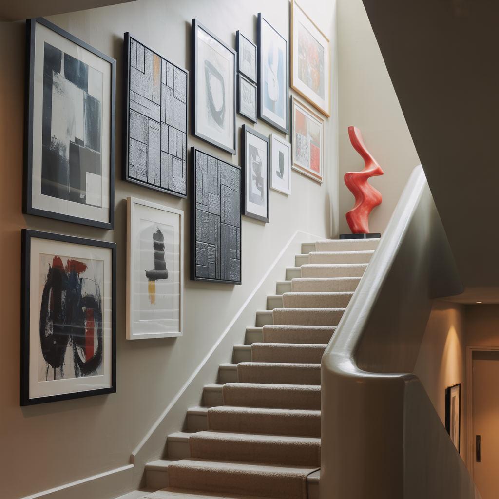 Stylish stairwell with a dynamic gallery wall of abstract art wall art in black, white, and muted pastels plus a pop of color, clean lines.