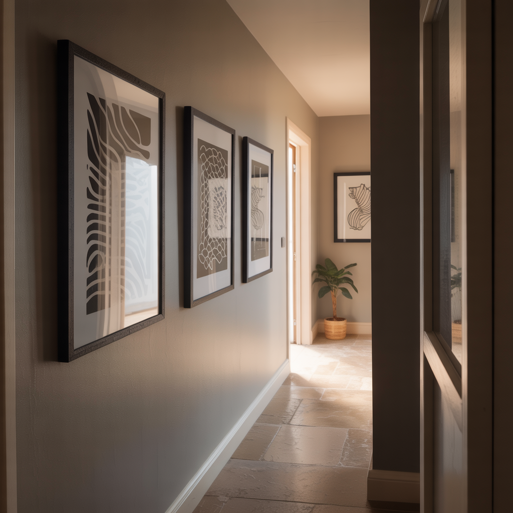 Minimalistic Art Wall featuring black-and-white abstract prints, wood flooring, and soft natural light in a hallway.