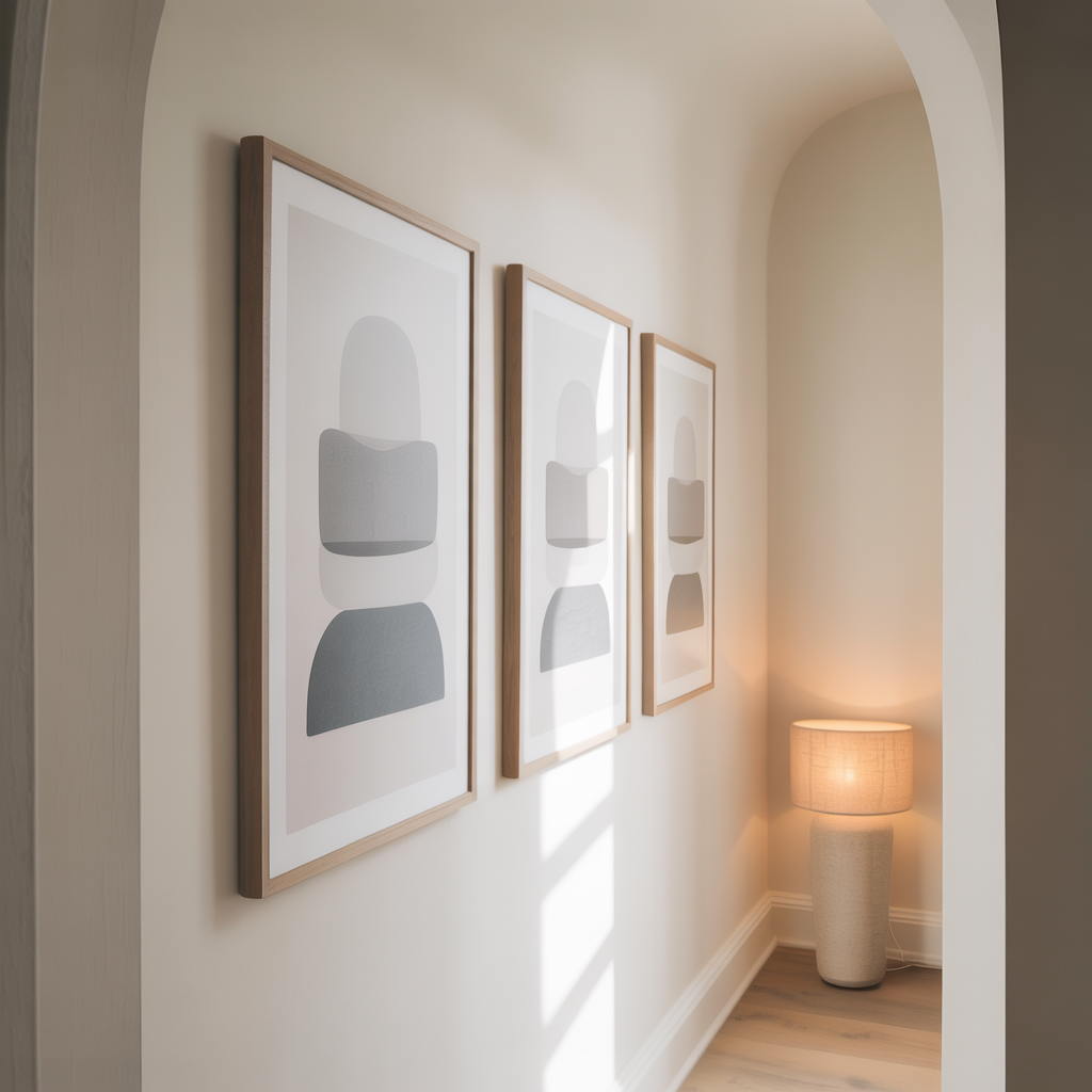 Minimalistic Art Wall featuring abstract prints, a lamp, and wood flooring in a hallway.