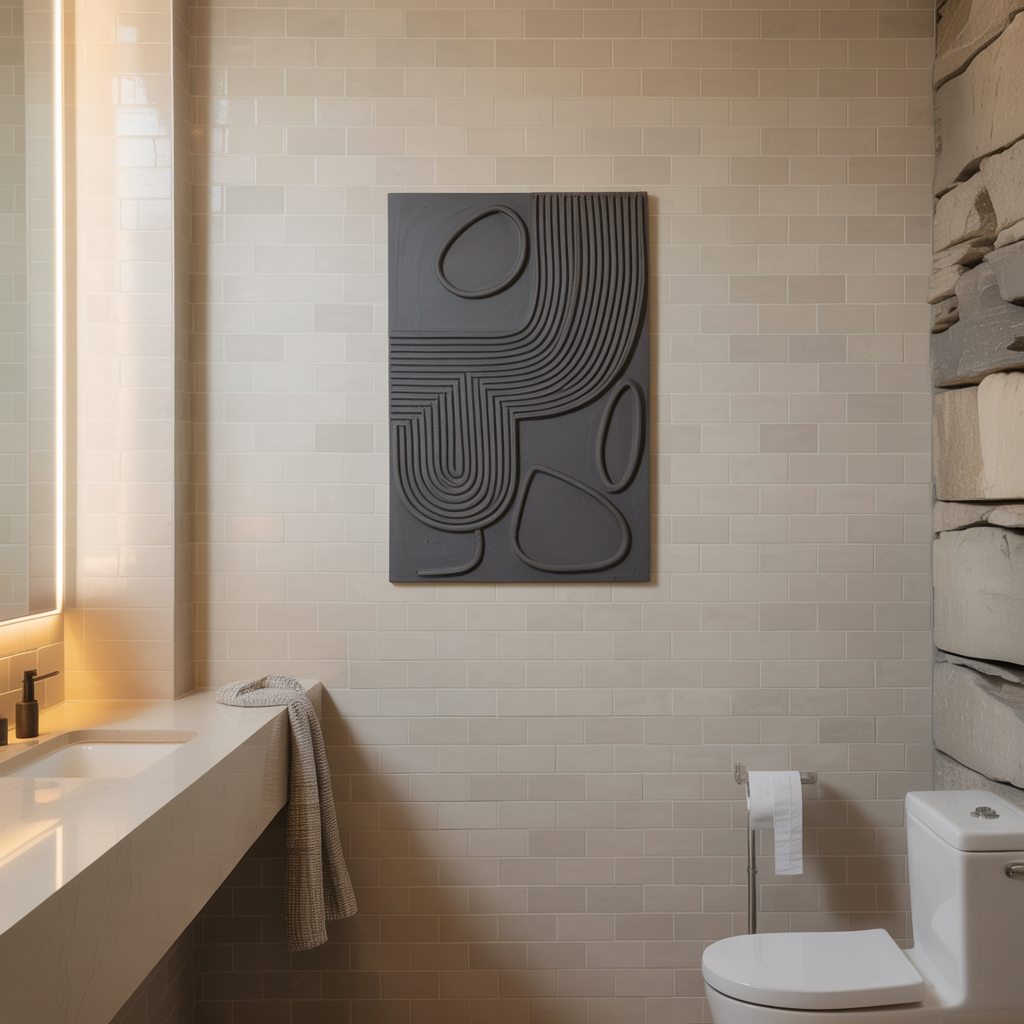 Minimalistic Art Wall with a simple abstract piece in black near a vanity in a clean, neutral-toned bathroom.
