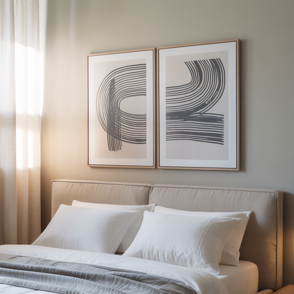 Minimalistic Art Wall above a headboard with curved line art on a soft beige wall, with bedding, and curtains.