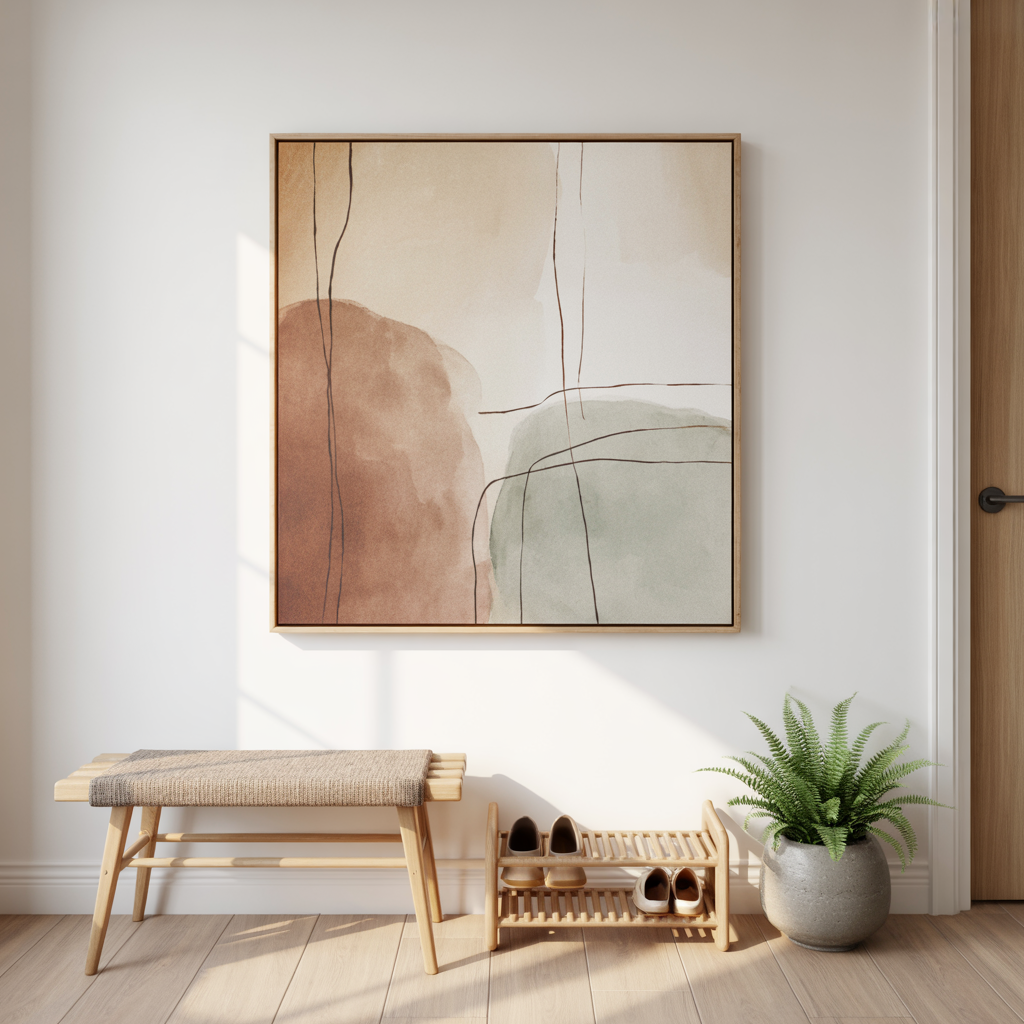 Japandi-style entryway with minimalist abstract art wall art in muted clay and sage tones, light wood flooring, wooden bench, woven cushion, plants, and soft natural light.