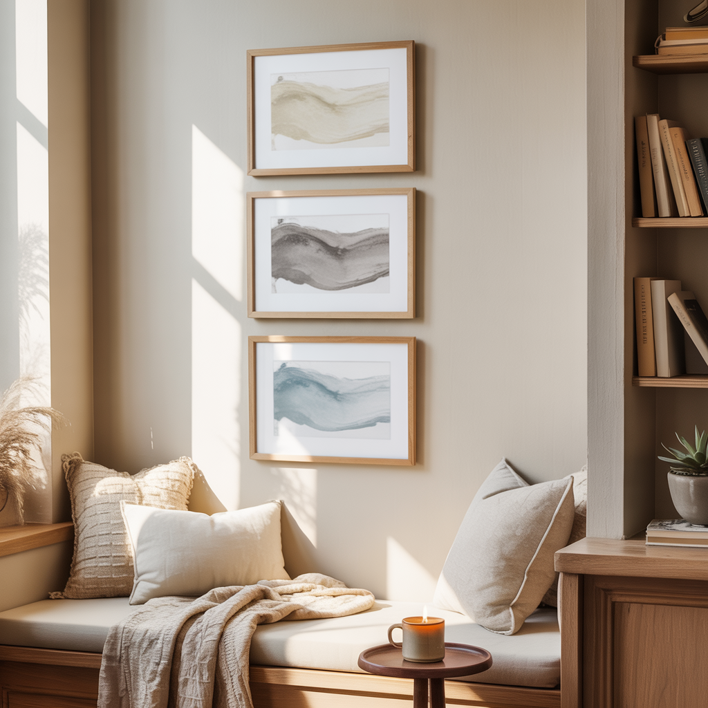 Minimalistic Art Wall with three small abstract prints stacked vertically above a cozy reading nook with textured cushions, a side table, a bookshelf, and soft lighting.