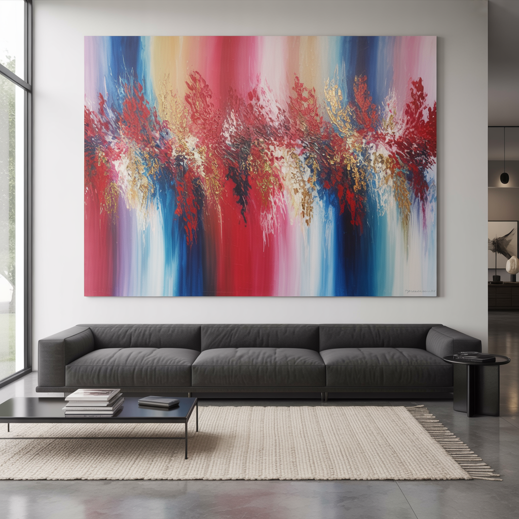 Open-concept living room with oversized bold abstract art wall art above a modern neutral sofa, textured rug, minimal decor, and ample natural light highlighting the space.