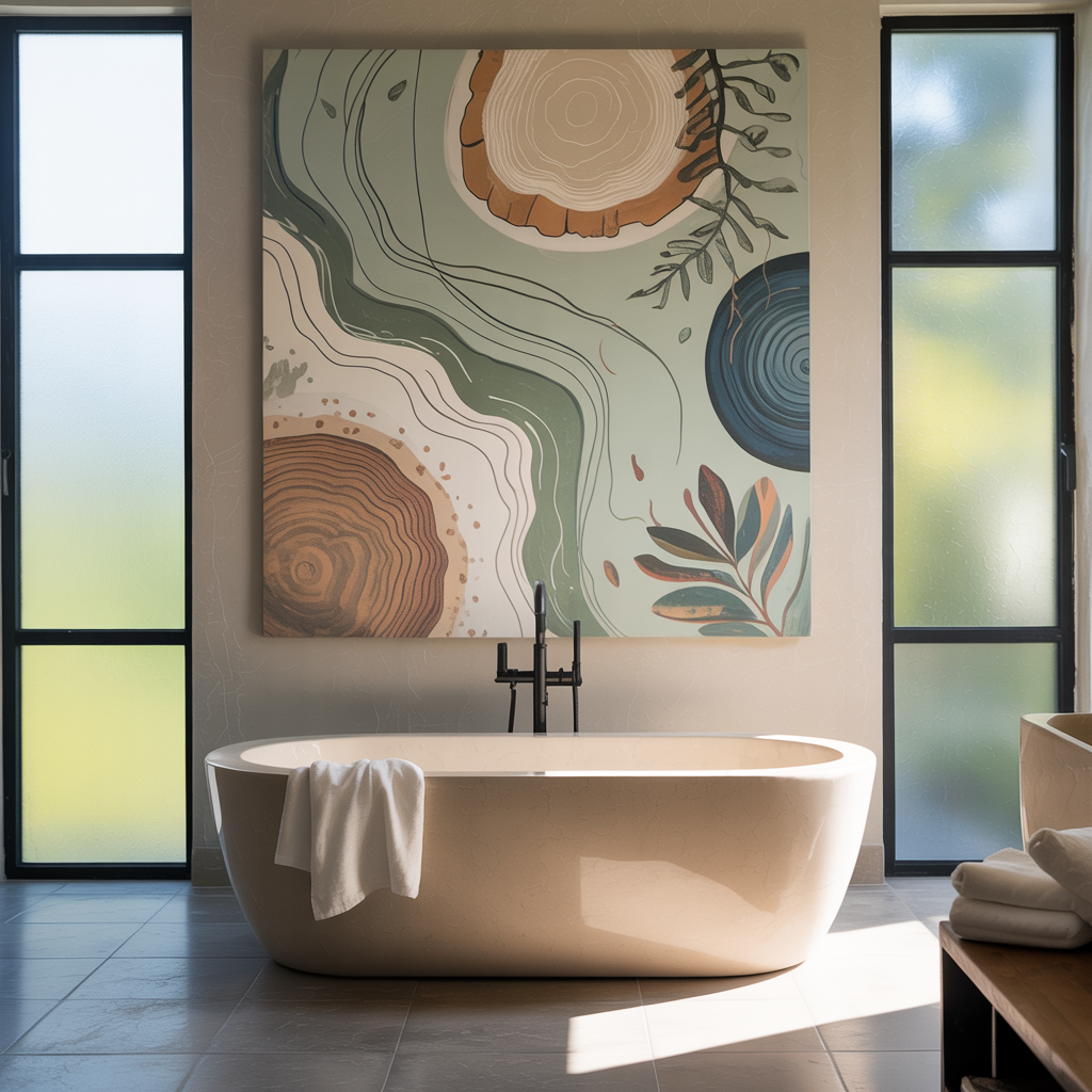 Spacious bathroom with a freestanding tub beneath large nature-inspired abstract art wall art in muted earth tones, featuring wood, stone, linen, matte black fixtures, and soft natural light.