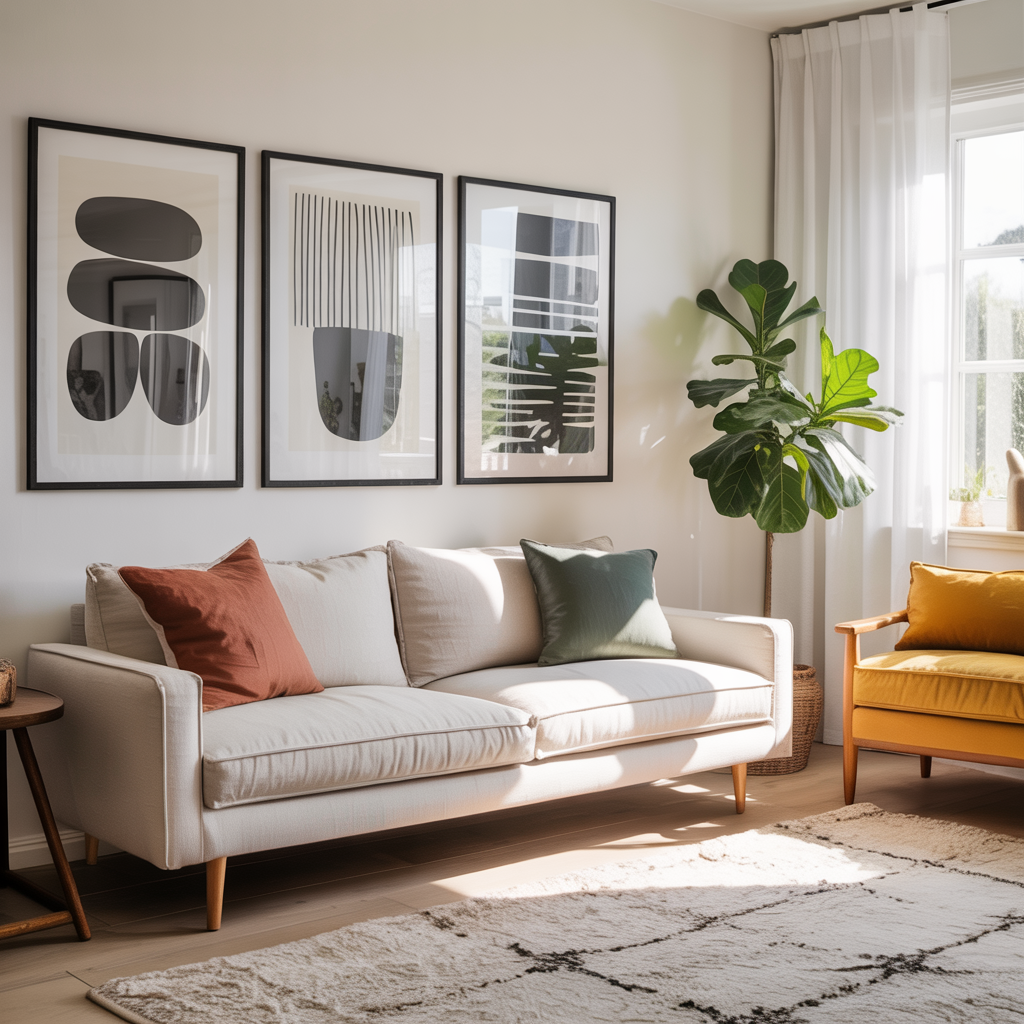 Scandinavian family room with black and white abstract art wall art featuring bold geometric forms, neutral furniture, light wood floors, colorful accents, and plants.