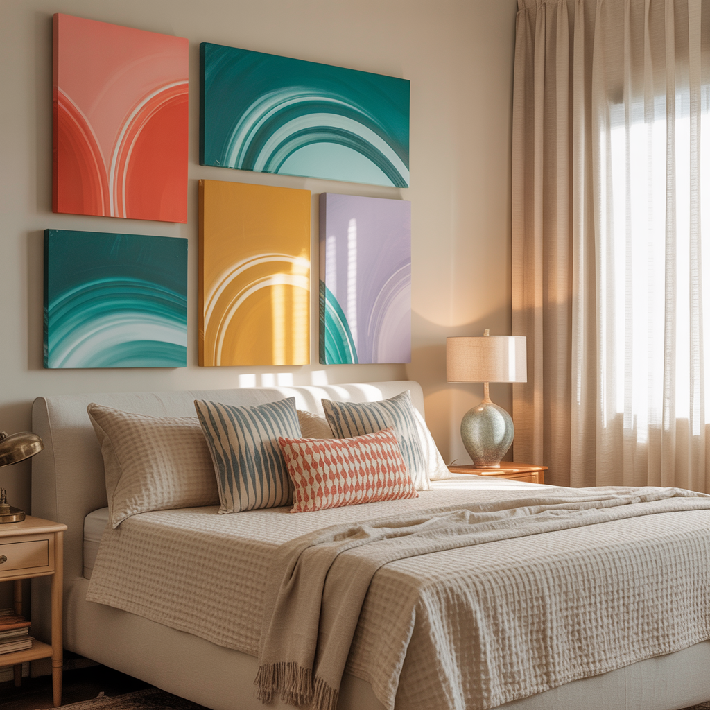 Colorful bedroom with a gallery wall cohesive abstract art wall art pieces in coral, teal, mustard, and lavender above the bed, natural wood furniture, and soft light.