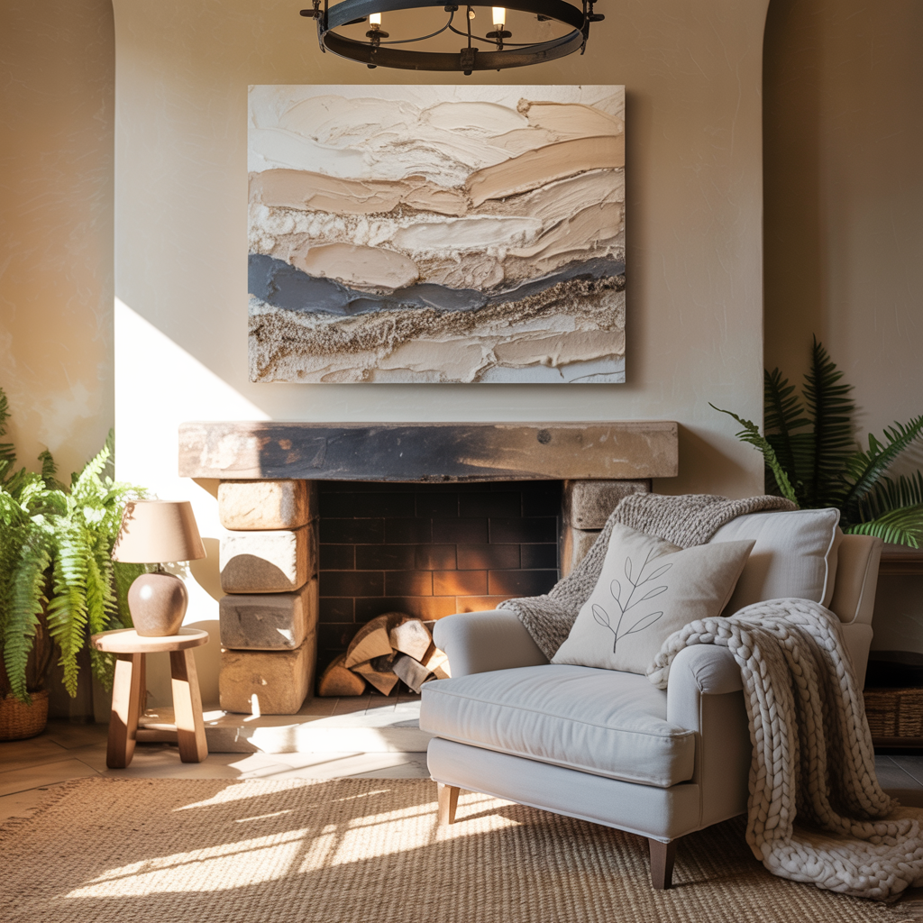 Rustic living room with stone fireplace and textured abstract art wall art in earthy neutrals above mantel, natural wood beams, cozy seating, warm lighting, and greenery.