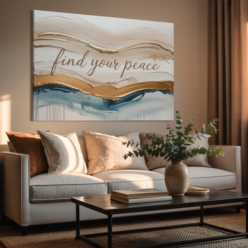 Cozy family room with large abstract art wall art featuring subtle text, warm neutrals, plush sofa, and wood accents.