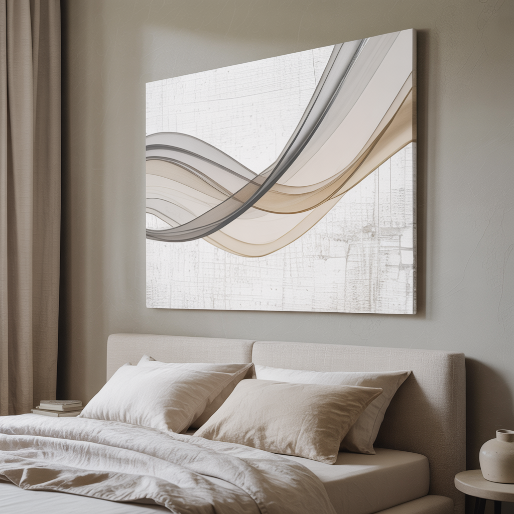 Minimalistic Art Wall above a neutral headboard featuring abstract curved line art on a soft beige wall, with linen bedding, and curtains.
