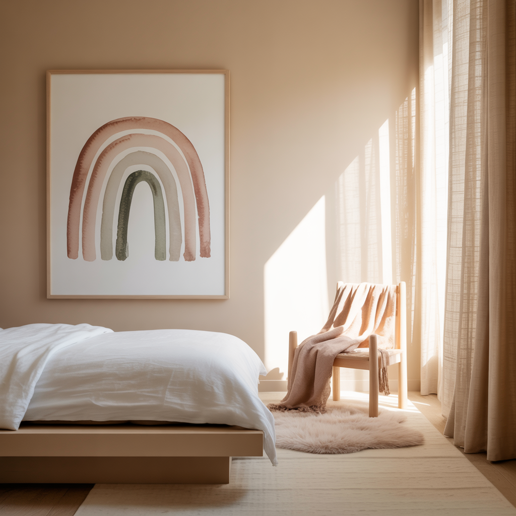 Minimalistic Art Wall with pastel-toned abstract rainbow above a kid’s bed in a calm, tan-walled room with cozy textiles and natural light.