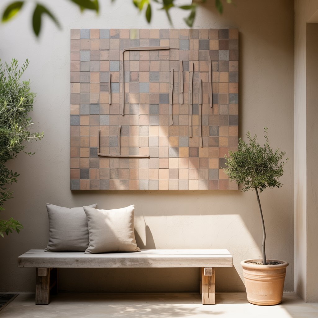 Minimalistic Art Wall with a weather-resistant abstract piece in earthy tones on a patio wall, paired with a bench, neutral cushions, potted plants, and soft natural light.