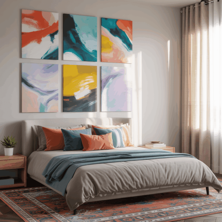 Colorful bedroom with a gallery wall of 3-5 cohesive abstract art wall art pieces in coral, teal, mustard, and lavender above the bed, natural wood furniture, and soft light.